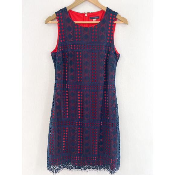 Tommy Hilfiger Navy Red Lace Overlay Mini Dress 4 Preppy Academia Americana - Picture 1 of 7